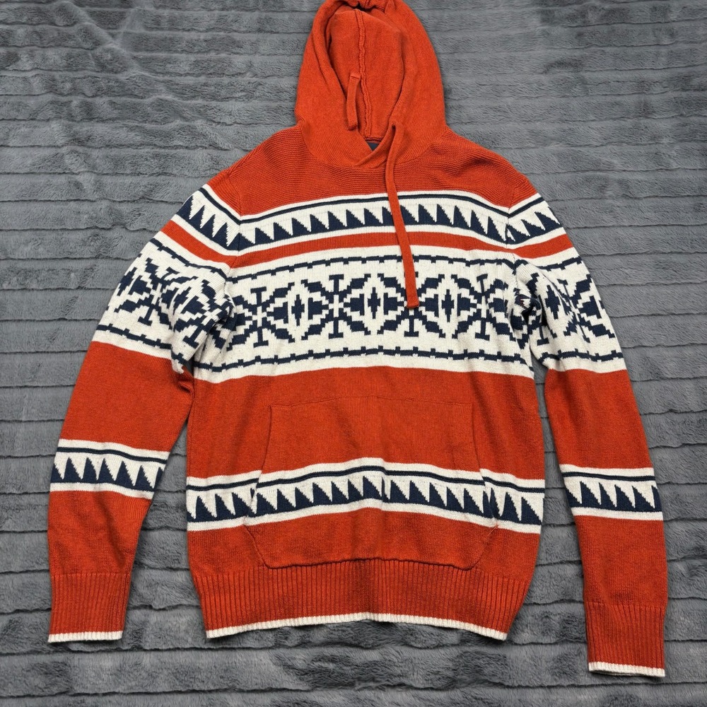 American Eagle Mens Orange Geometric Southwestern Knit Hooded Sweater Medium